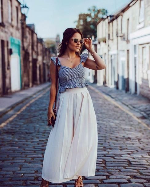 Blue Gingham Check Print Frill Trim Crop Top Teamed With ASOS Tailored Culottes with Large Fold Pleat Front And Heeled Lace Up Sandals