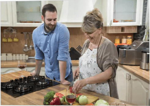 son-and-mom-in-kitchen-for-breakfast