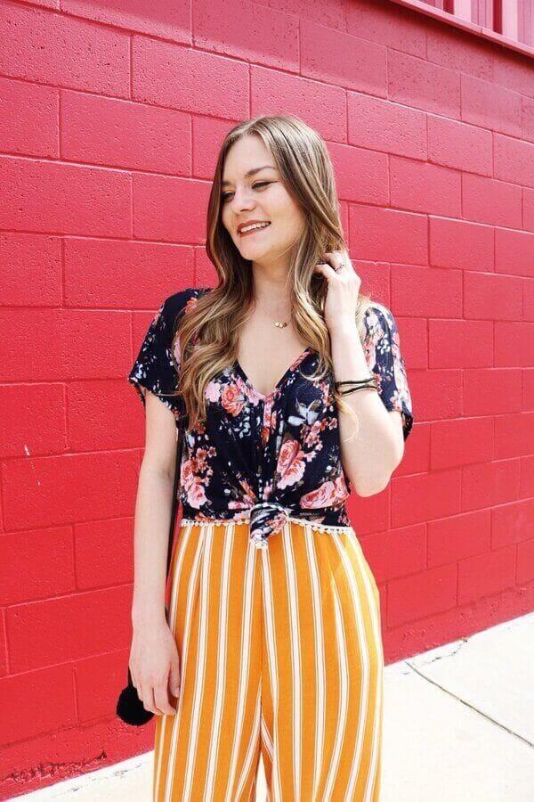 floral top with striped pants